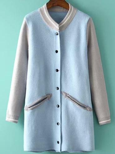 Romwe Contrast Collar Buttons Pockets Blue Cardigan