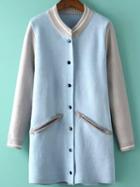 Romwe Contrast Collar Buttons Pockets Blue Cardigan