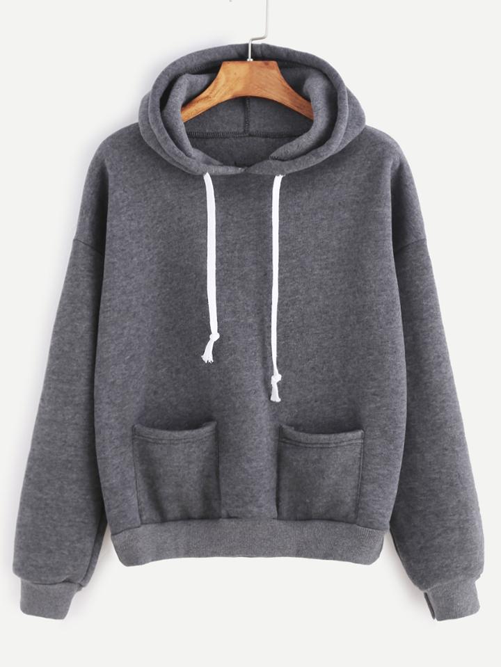 Romwe Grey Drop Shoulder Dual Pocket Drawstring Hooded Sweatshirt