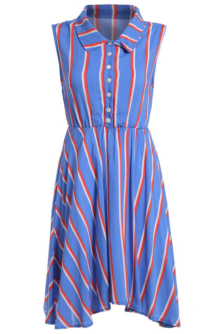 Romwe Lapel Sleeveless Striped Pleated Royal Blue Dress