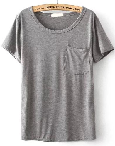 Romwe Round Neck With Pocket Grey T-shirt