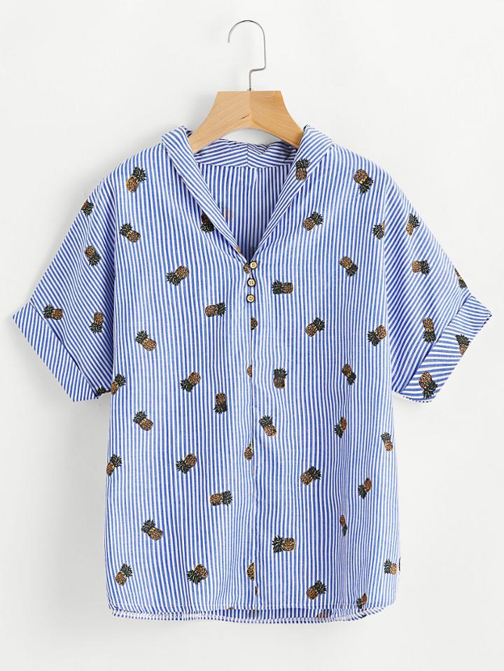 Romwe Pinstripe Pineapple Print Cuffed Top