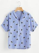 Romwe Pinstripe Pineapple Print Cuffed Top