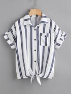 Romwe Striped Knotted Hem Cuffed Shirt With Chest Pocket