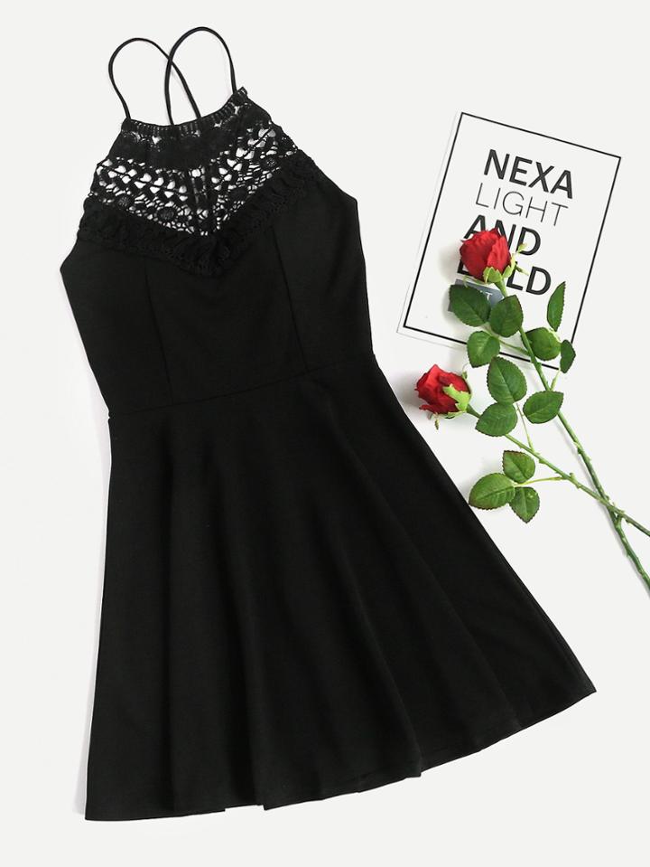 Romwe Eyelet Lace Up Back Crochet Dress