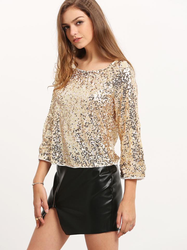 Romwe Gold Round Neck Sequined Blouse