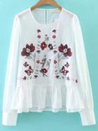 Romwe White Flower Embroidery Ruffle Hem Blouse