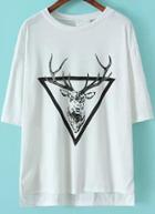 Romwe White Triangle Deer Print Dipped Hem T-shirt