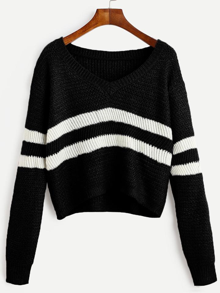 Romwe Black Contrast Striped V Neck Crop Sweater
