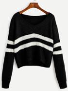 Romwe Black Contrast Striped V Neck Crop Sweater