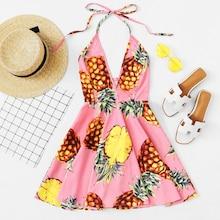 Romwe Pineapple Print Backless Halter Dress