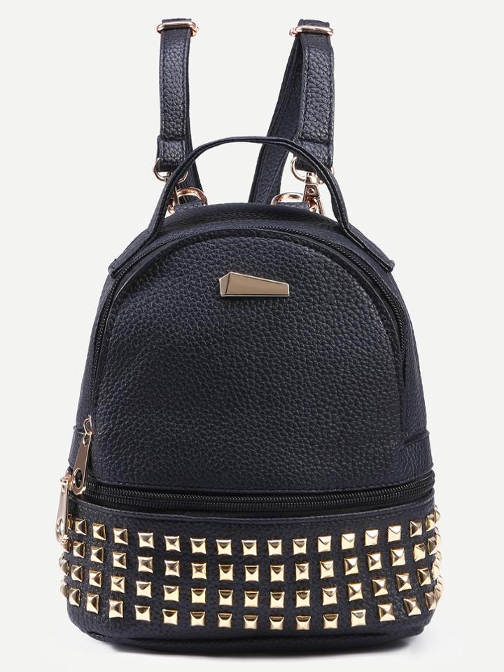 Romwe Black Pebbled Faux Leather Studded Backpack