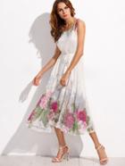 Romwe White Tassel Belted Flower Print Chiffon Dress
