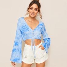 Romwe Tie Dye Crop Drawstring Hem Blouse