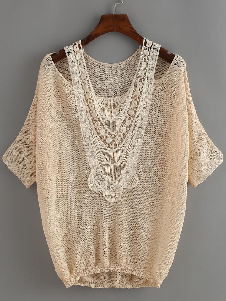 Romwe Elbow Sleeve Crochet Sweater