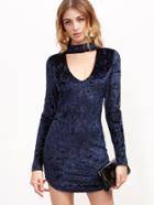 Romwe Navy Cutout Choker Velvet Bodycon Dress