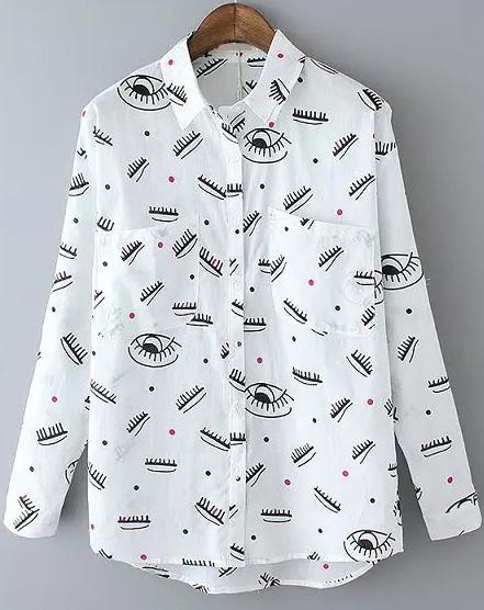 Romwe Dip Hem Lapel Eyes Print Blouse