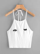 Romwe Wink Eyes Print Self Tie Halter Top