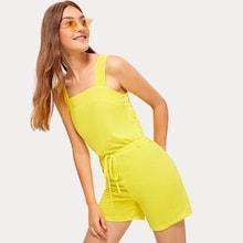 Romwe Button Side Drawstring Waist Straps Romper