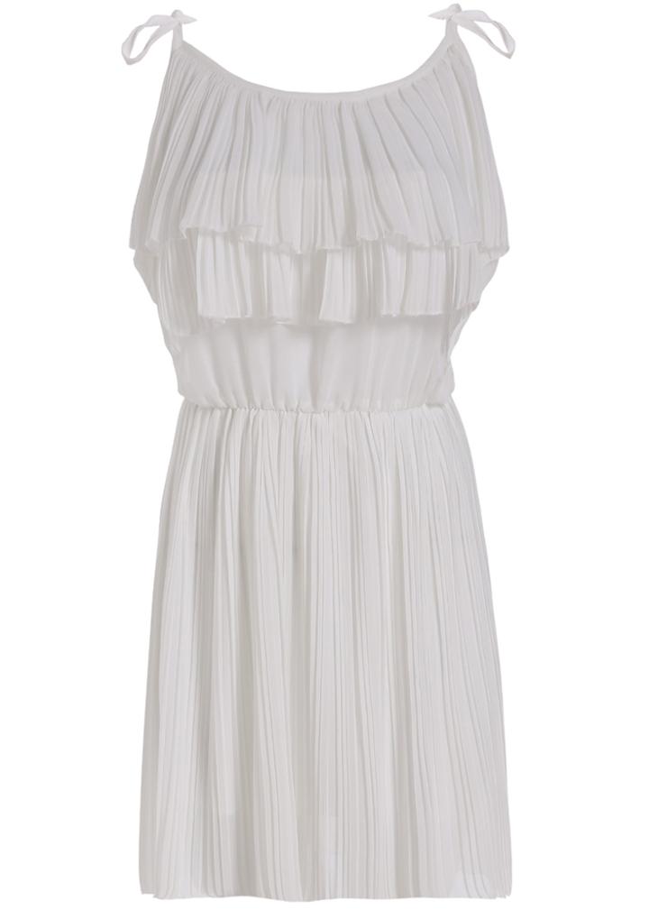 Romwe Spaghetti Strap Ruffle Pleated White Dress