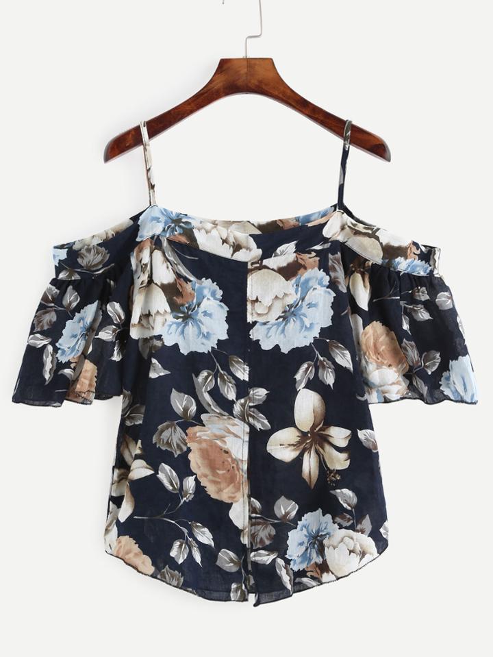 Romwe Flower Print Cold Shoulder Top