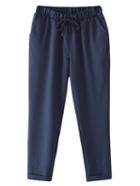 Romwe Navy Pockets Elastic Tie-waist Linen Pants