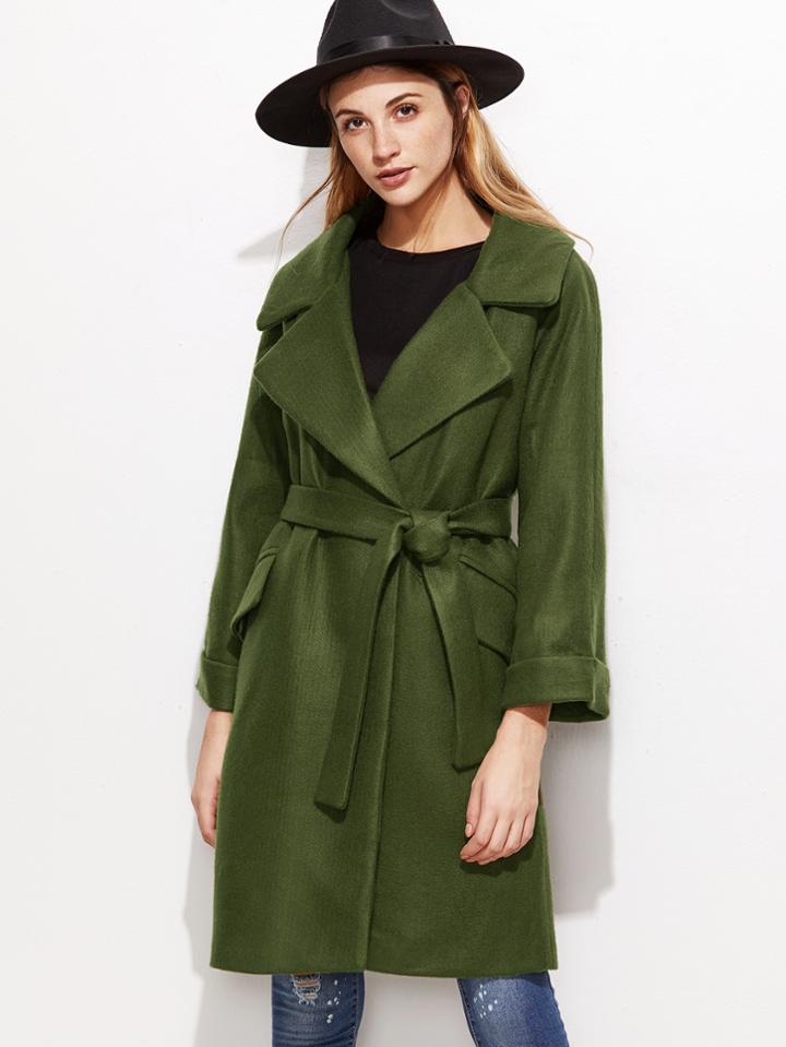 Romwe Army Green Cuffed Coat With Belt