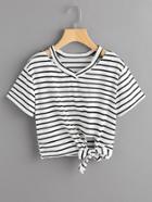 Romwe Cut Out Neck Stripe Side Knot Tee