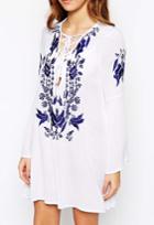 Romwe White Bell Sleeve Embroidered Lace Up Dress