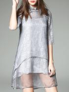 Romwe Grey Contrats Organza Sheer Lace Dress