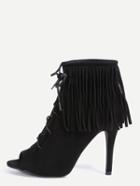 Romwe Peep Toe Lace-up Fringe Pumps - Black