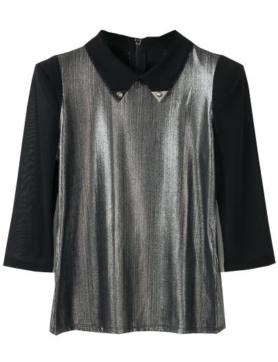 Romwe Black Rivet Lapel Slim Blouse