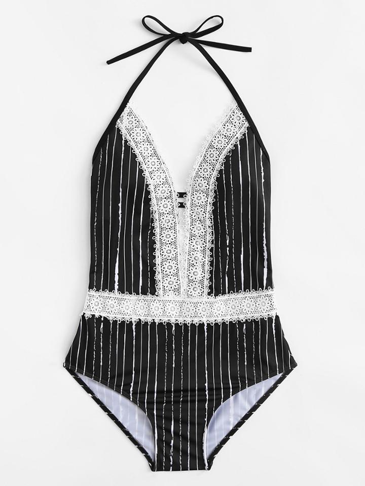 Romwe Crochet Lace Striped Swimsuit