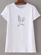 Romwe White Short Sleeve Letters Embroidery Rabbit Print T-shirt
