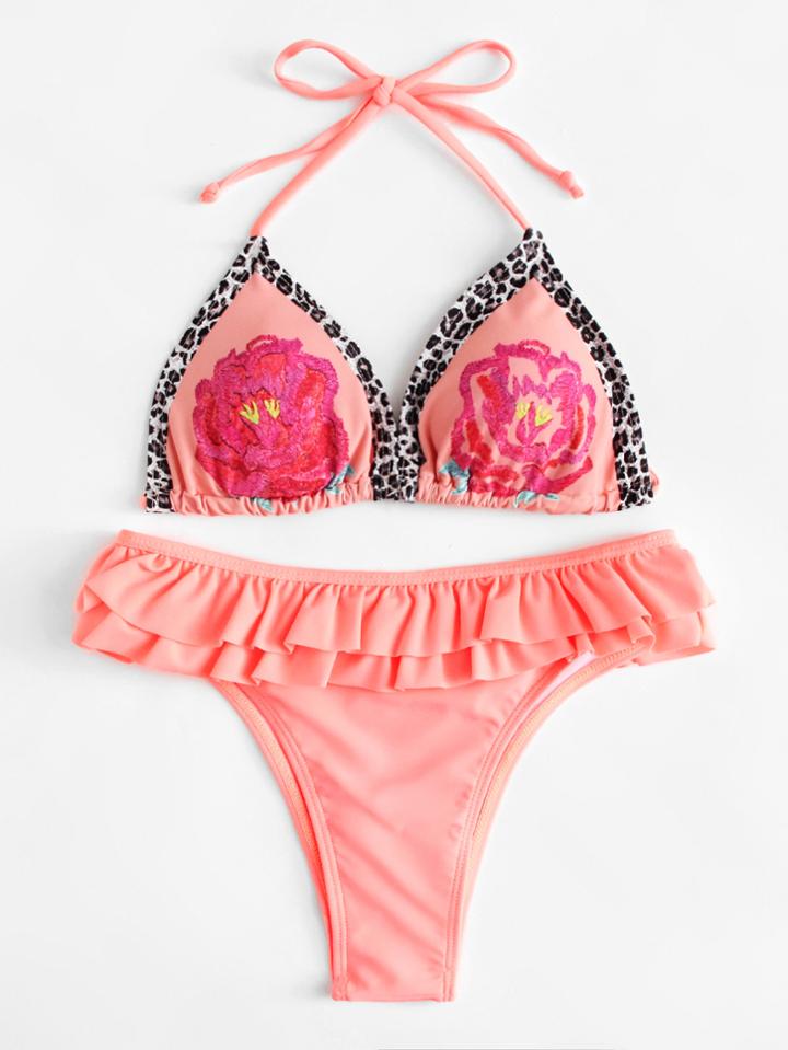 Romwe Flower Ruffle Bikini Set