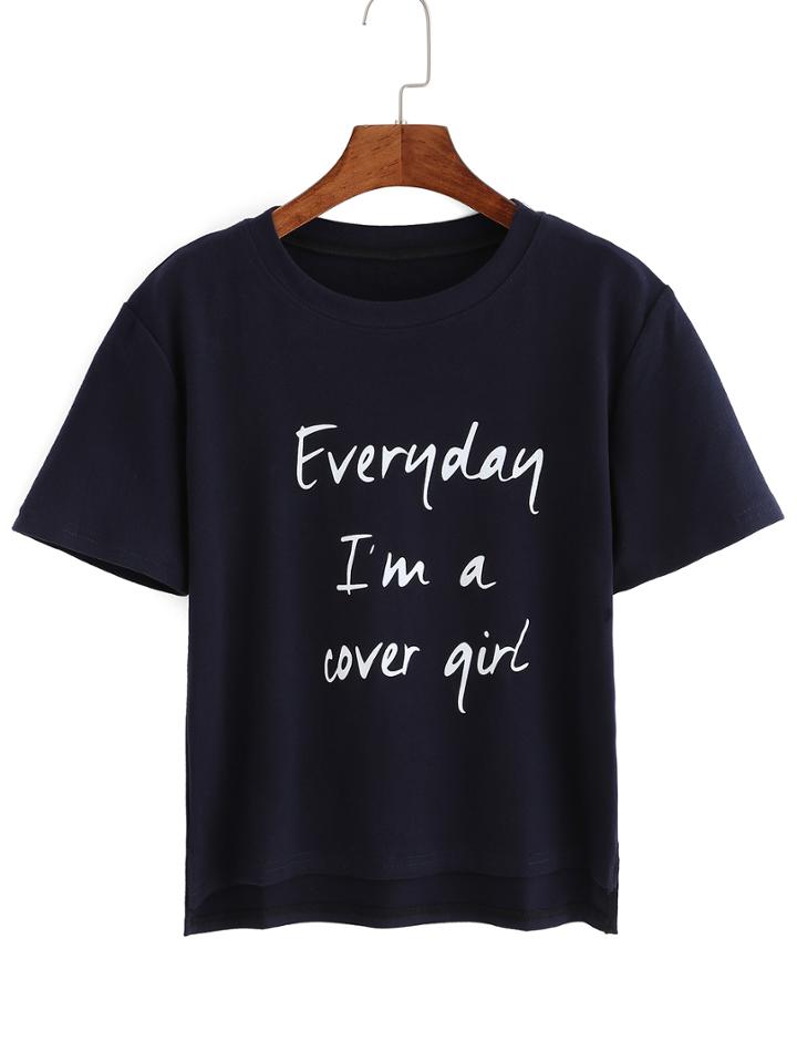 Romwe Dip Hem Letters Print Split Navy T-shirt