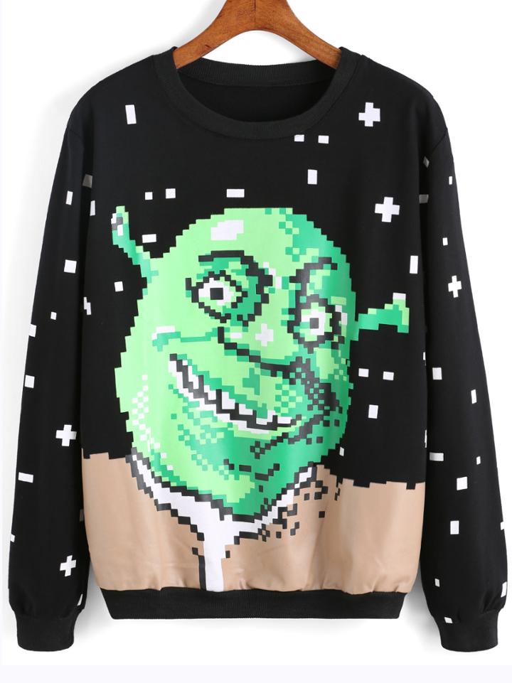 Romwe Black Round Neck Cartton Print Sweatshirt