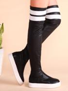 Romwe Black Striped Rubber Sole Pu Thigh High Boots