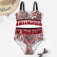 Romwe Random Ornate Print Knot Tassel Top With High Waist Bikini Set