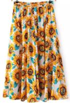Romwe Elastic Waist Floral Pleated Yellow Skirt