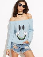Romwe Blue Smiley Face Print Off The Shoulder Sweatshirt