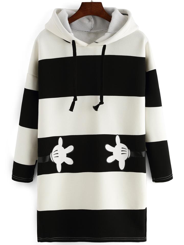 Romwe Hooded Striped Color-block Drawstring Sweatshirt Dress