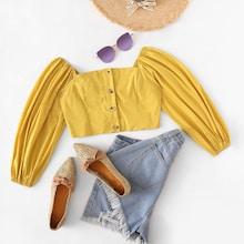Romwe Button Front Shirred Back Cropped Top