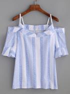 Romwe Blue Tribal Print Cold Shoulder Ruffle Blouse