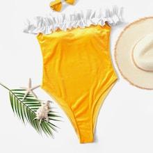 Romwe Frill Trim Off The Shoulder Velvet Swimsuit