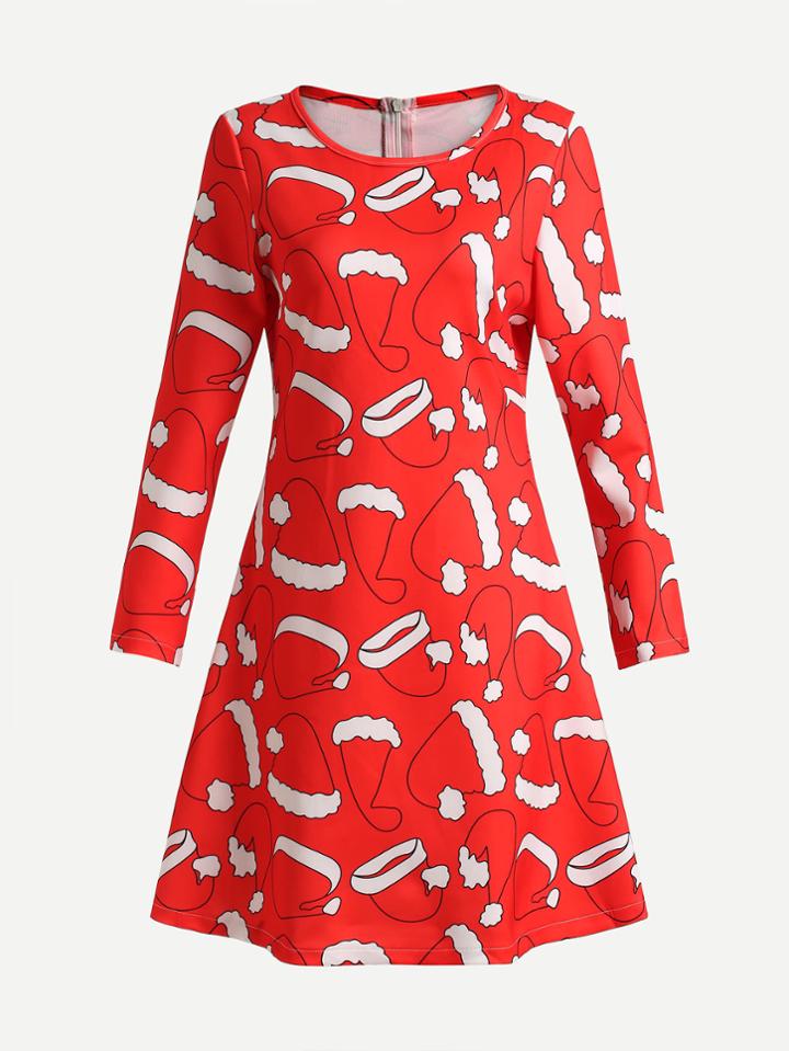 Romwe Christmas Hat Print Zip Up Back Dress