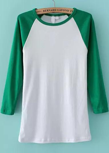 Romwe Round Neck Slim Green And White T-shirt