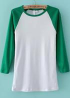 Romwe Round Neck Slim Green And White T-shirt