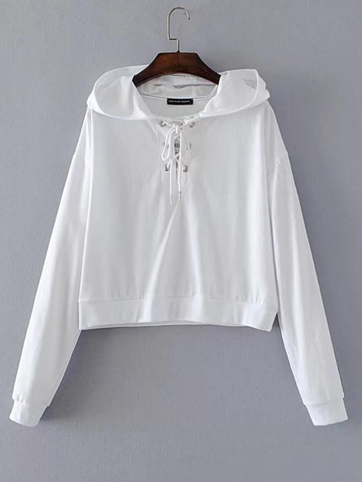 Romwe Contrast Tape Lace Up Neck Hooded Sweatshirt