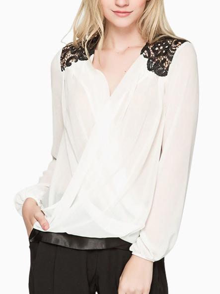 Romwe V Neck Contrast Lace Chiffon White Blouse